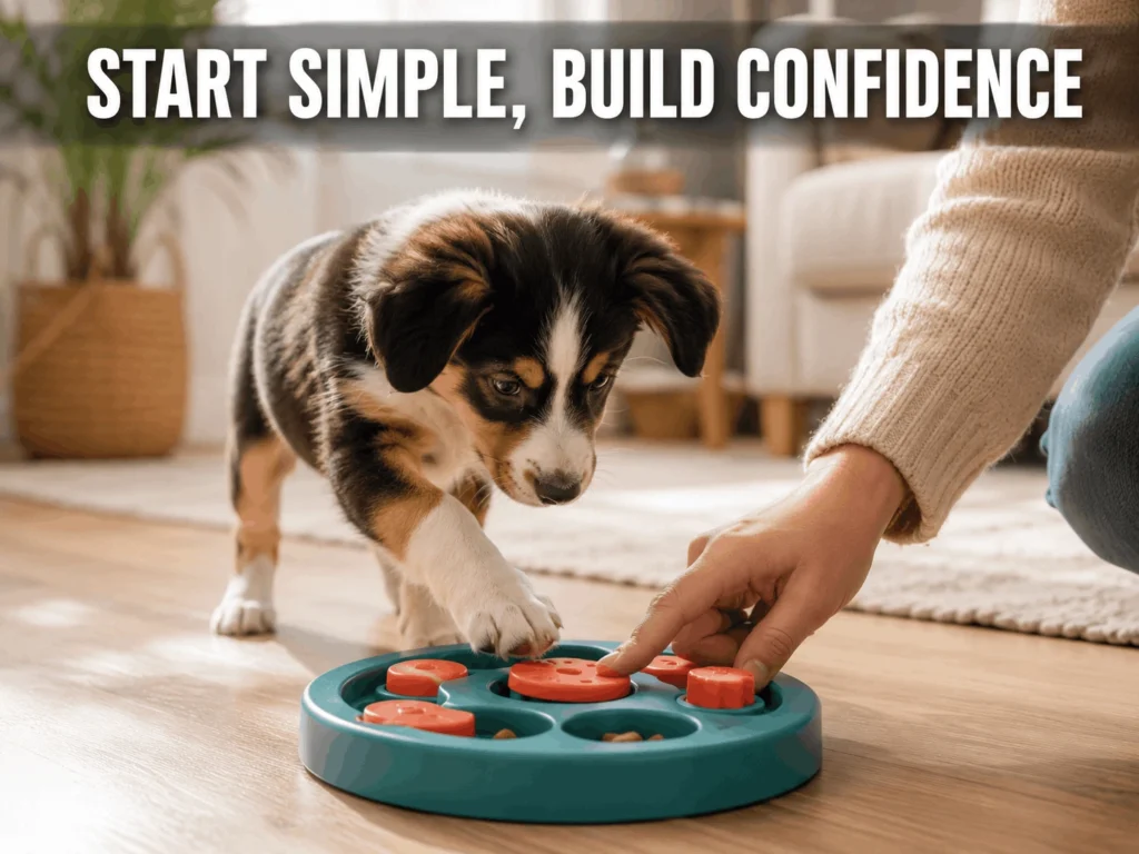 Puppy learning to use a simple puzzle feeder toy with owner guidance