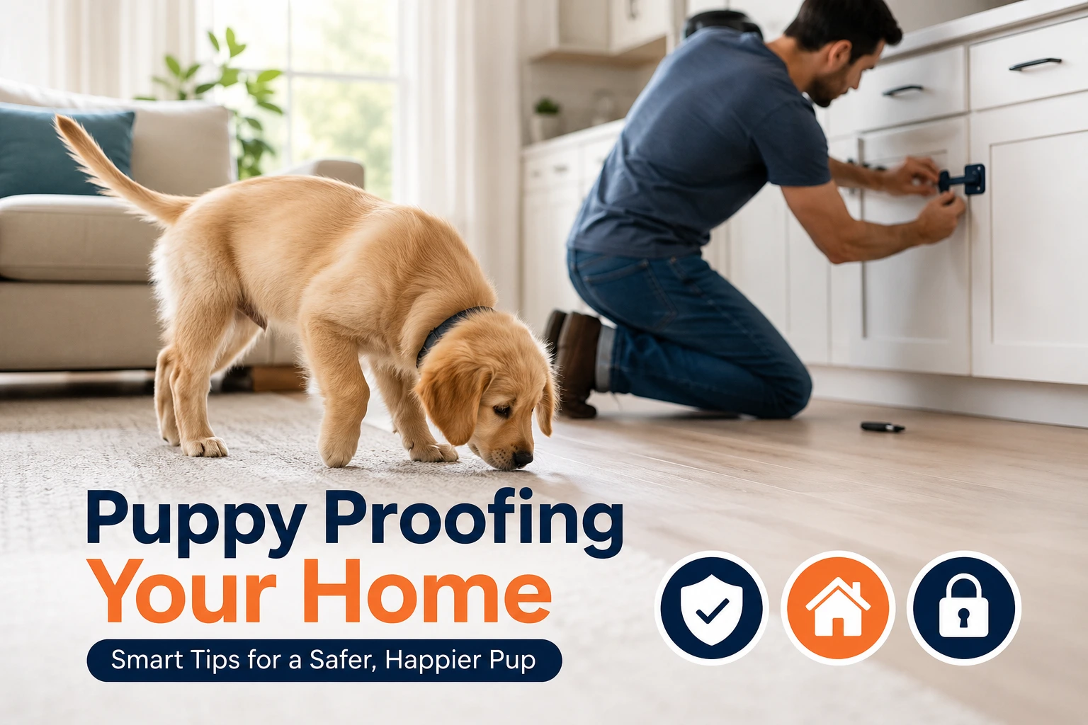 puppy proofing your home - golden retriever puppy exploring living room while owner installs cabinet lock