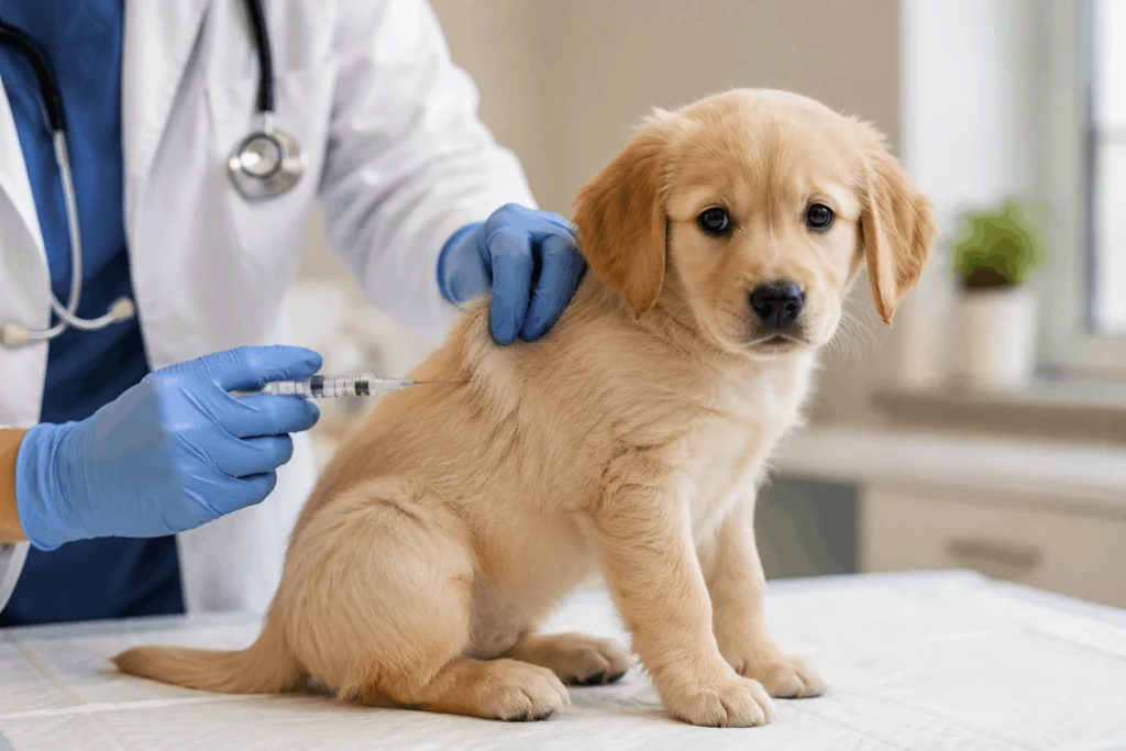 Veterinarian administering a puppy vaccine