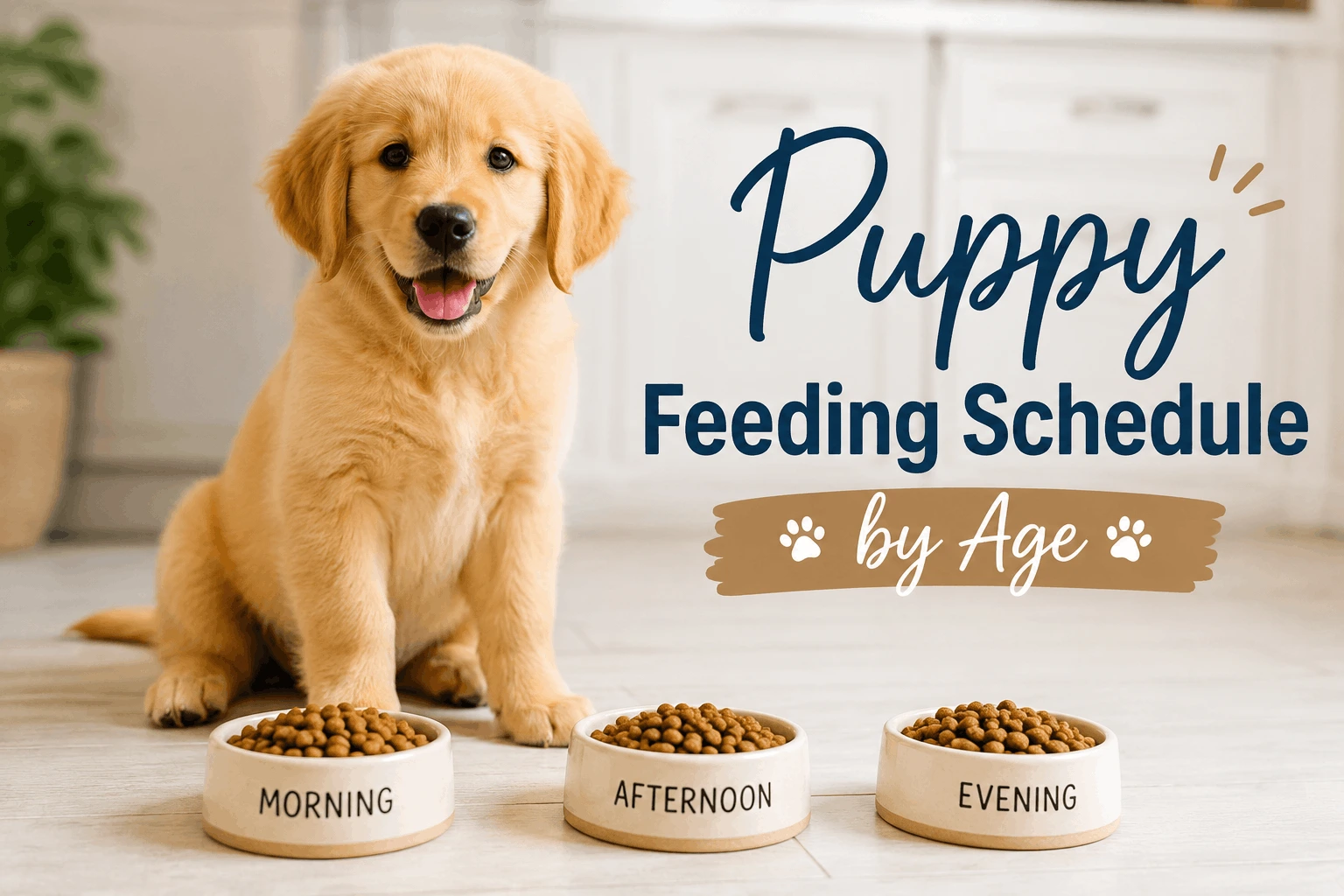 puppy sitting in front of three food bowls representing a puppy feeding schedule by age