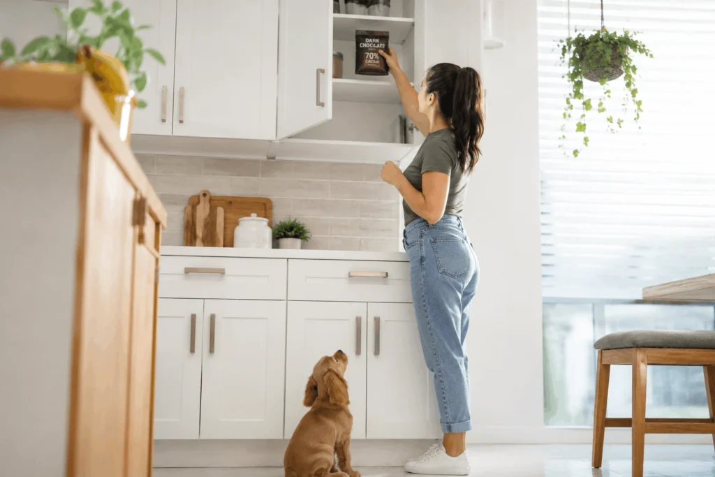 Owner storing toxic food safely away from curious puppy