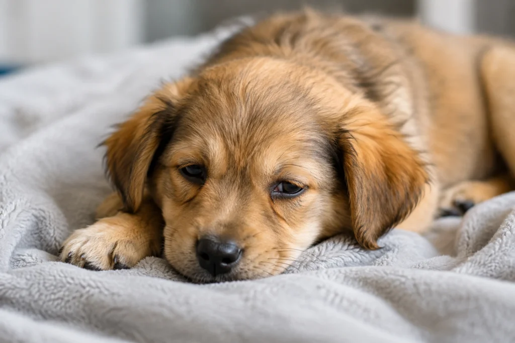 lethargic sick puppy showing signs of illness needing vet care