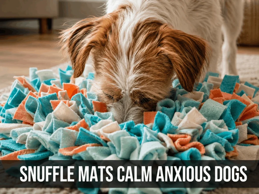 Dog using nose to forage for treats in a snuffle mat for calming enrichment