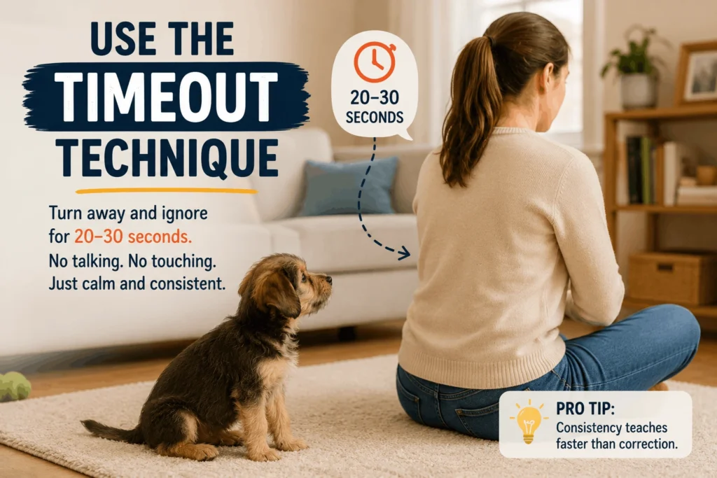 owner using social timeout method to stop puppy biting behavior