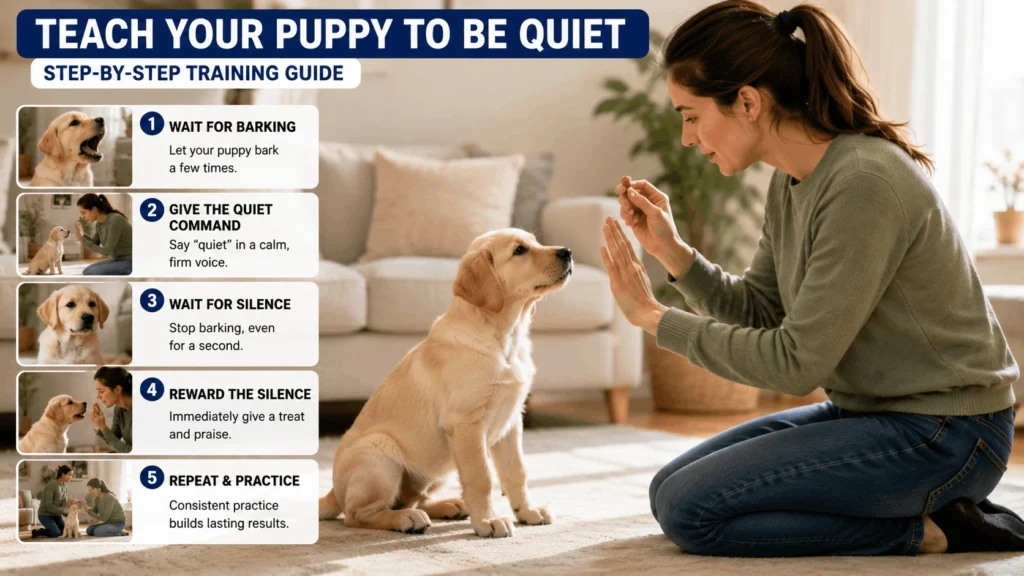 Teaching a puppy the quiet command using reward based training