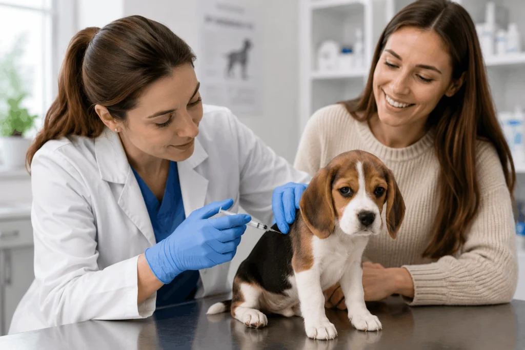 veterinarian vaccinating puppy to prevent common puppy diseases