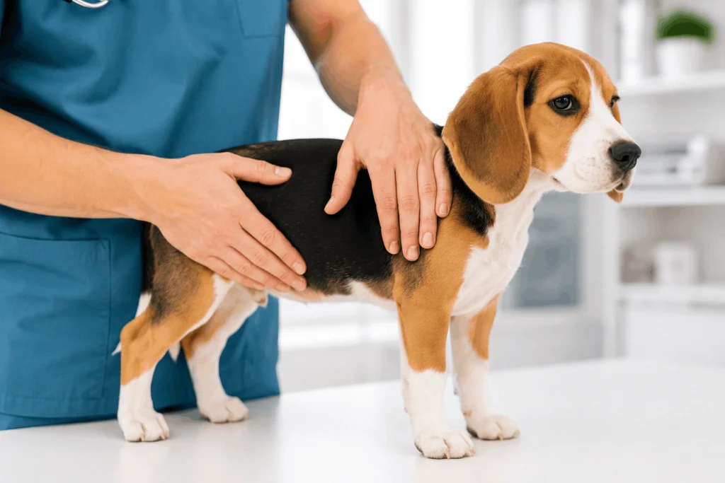Veterinarian checking puppy body condition score by feeling ribs to determine if puppy is eating the right amount