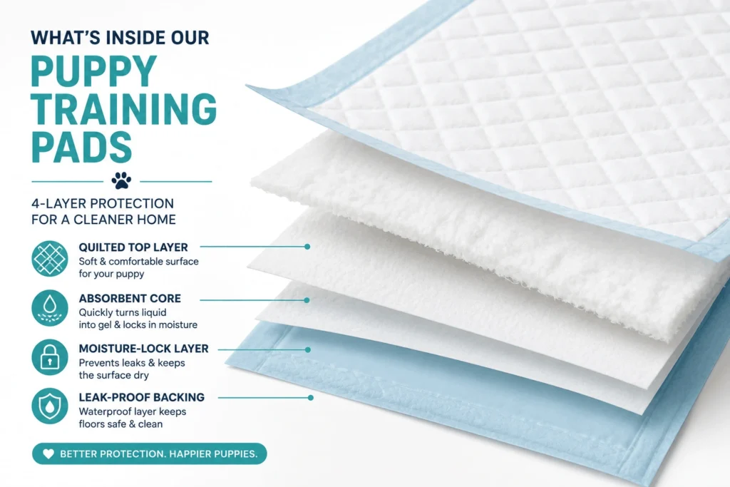 Puppy training pad cross-section showing multiple absorbent layers including leak-proof backing and quilted top surface