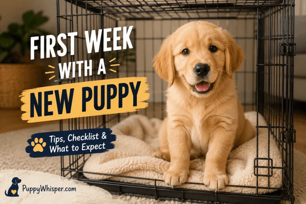 New puppy sitting in a crate during the first week at home