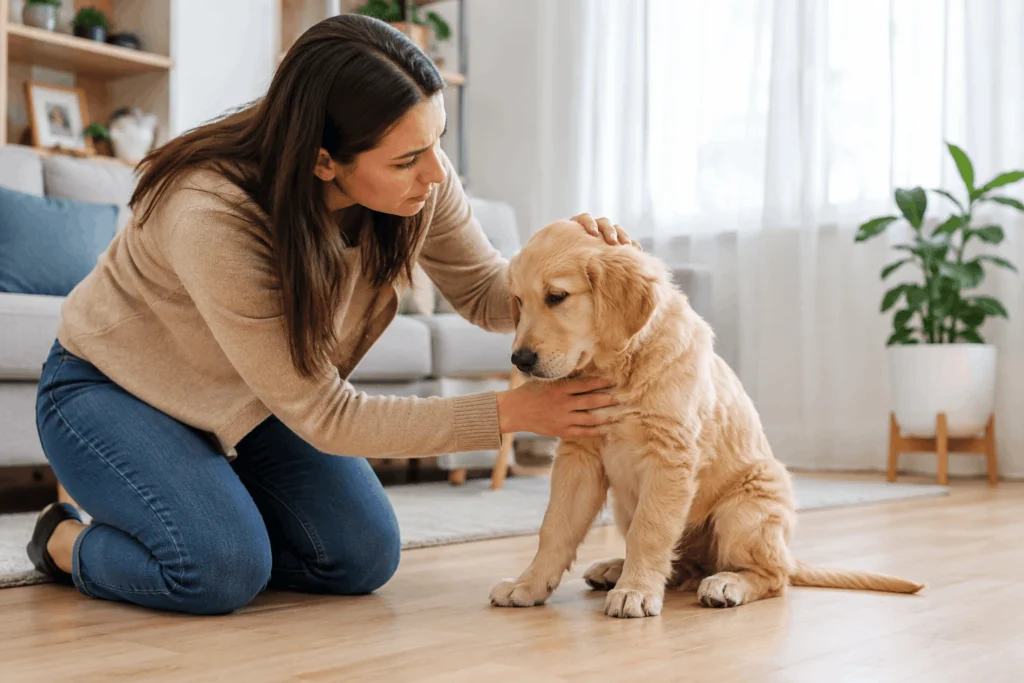 Concerned puppy owner checking a young golden retriever puppy showing signs of stomach discomfort in a living room.