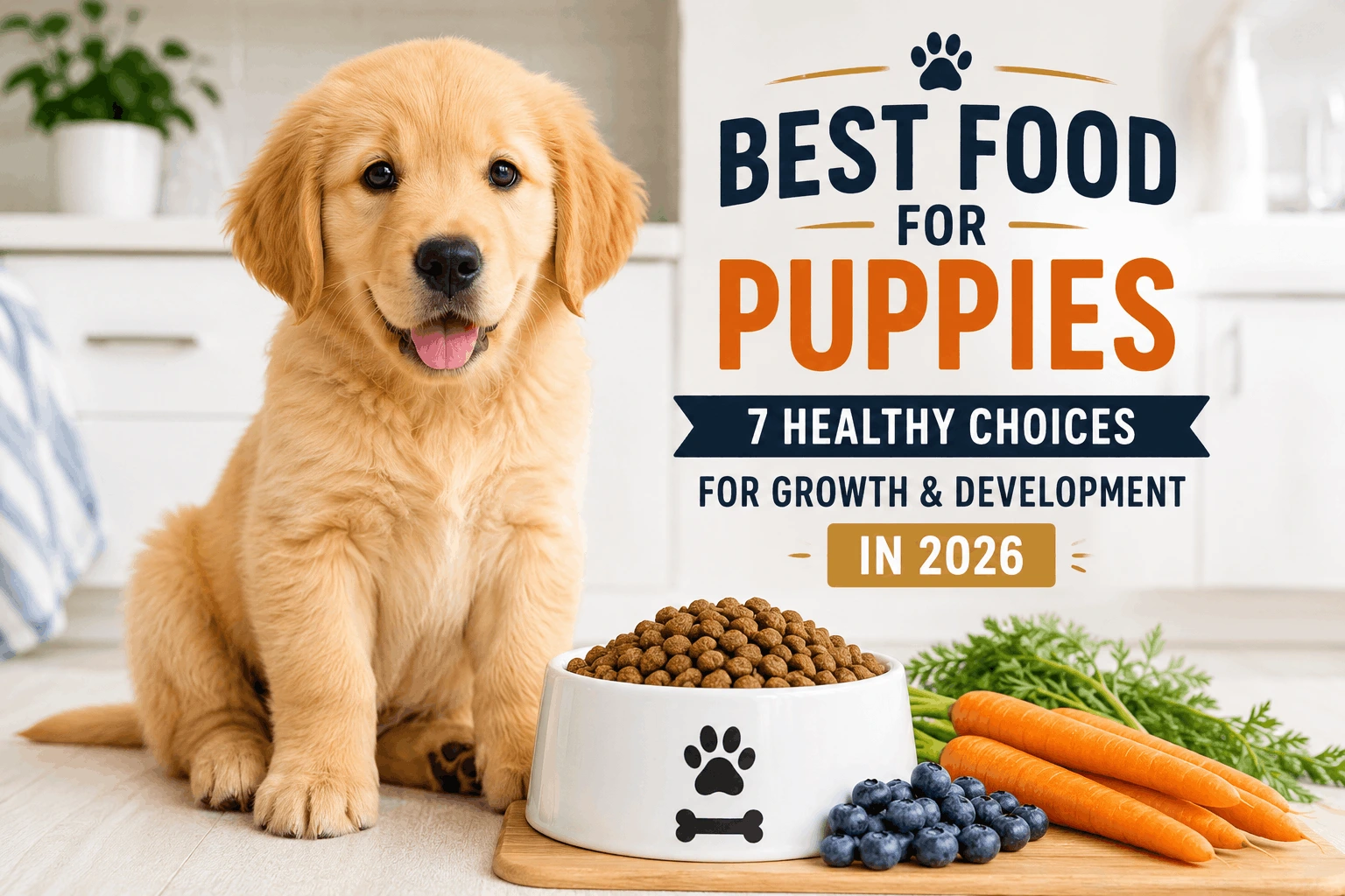 Best food for puppies shown with dry kibble and fresh ingredients in a bowl