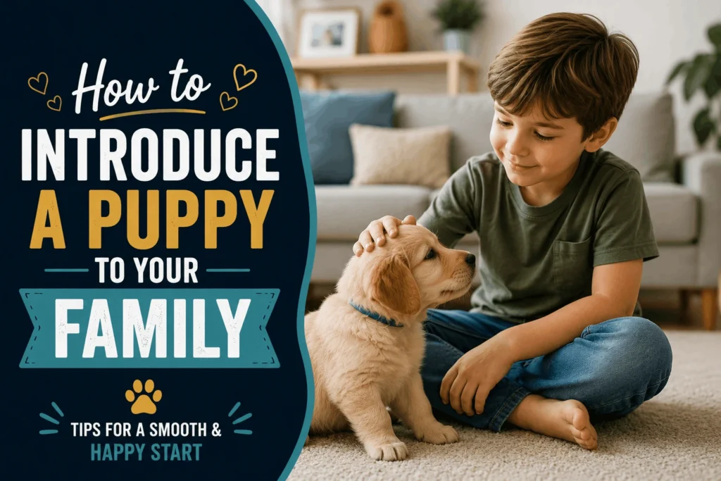 Child gently petting puppy during first family introduction