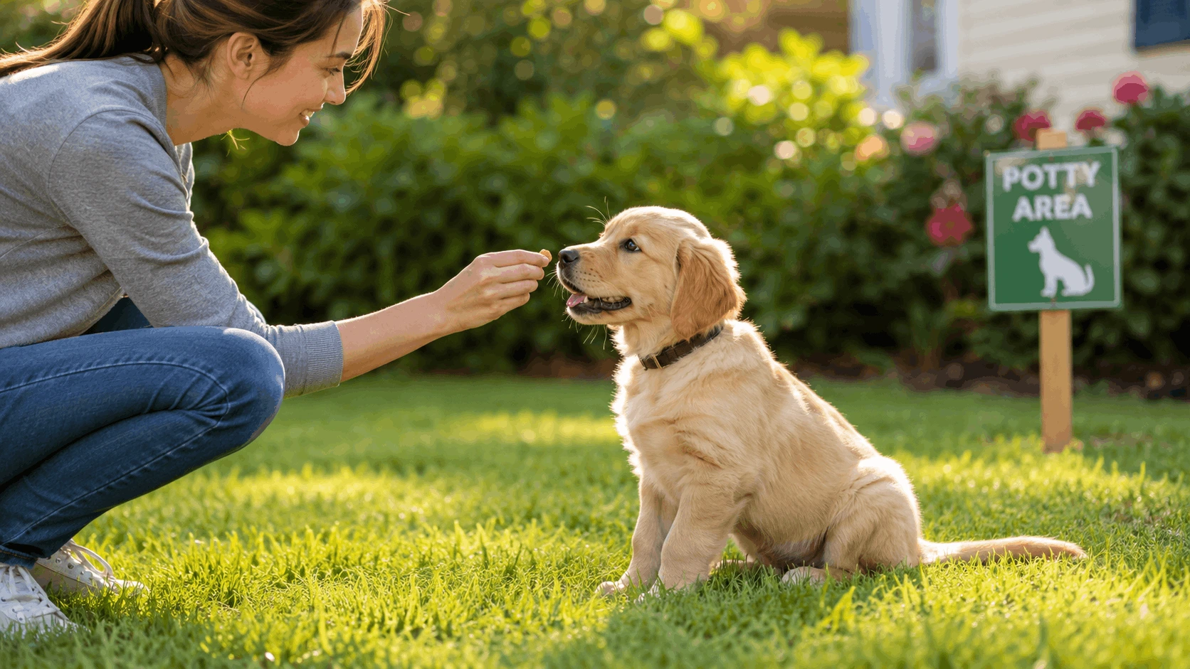 How to Potty Train a Puppy. Golden retriever puppy being rewarded with a treat during outdoor potty training on green grass.