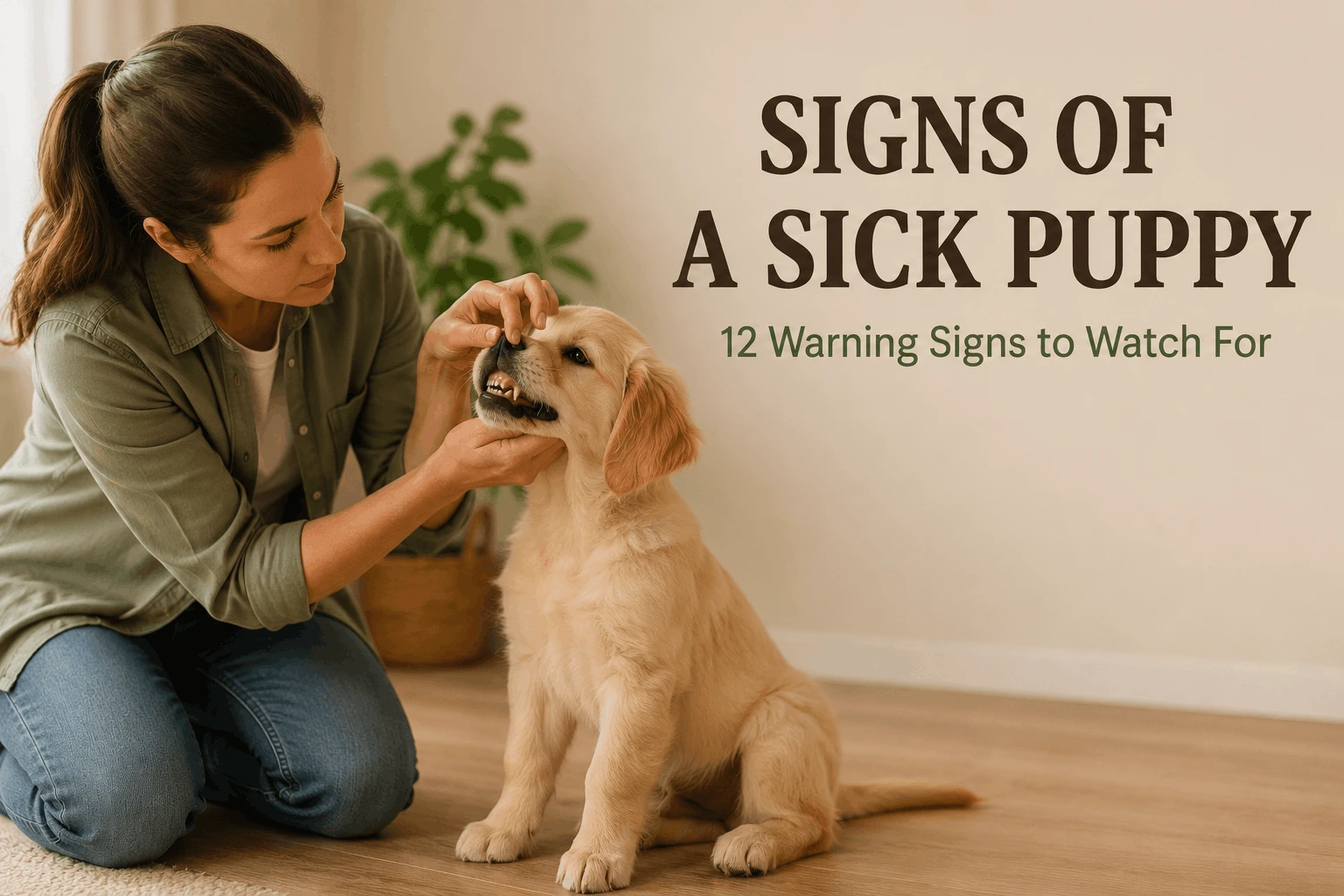 Owner checking a puppy's gums to spot signs of a sick puppy