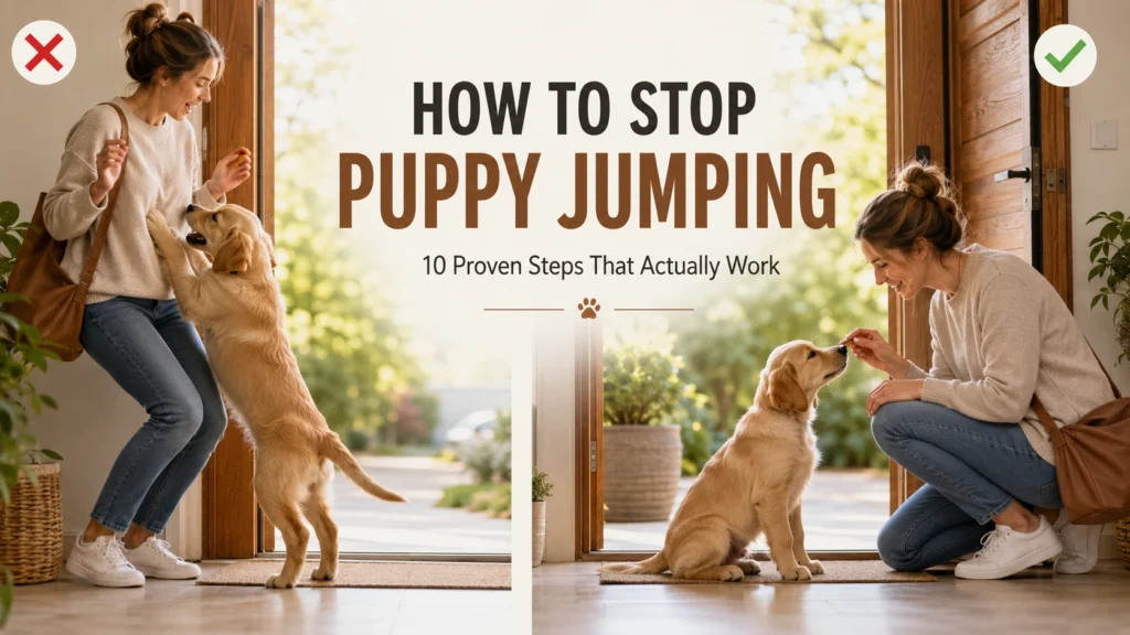 how to stop puppy from jumping Golden Retriever puppy learning the correct way to greet its owner by sitting instead of jumping during positive reinforcement training.