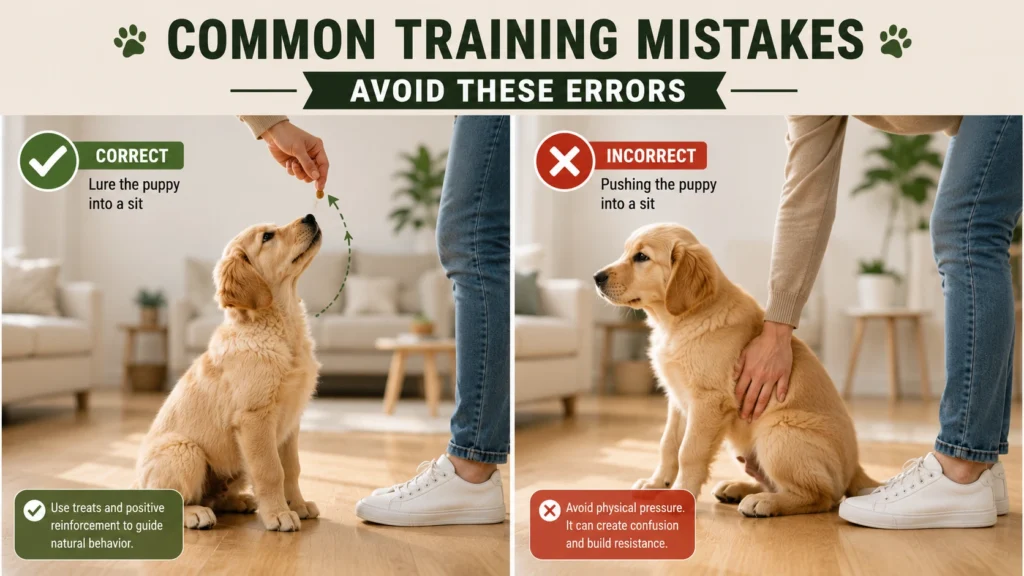 Comparison showing the correct and incorrect ways to teach a puppy to sit.
