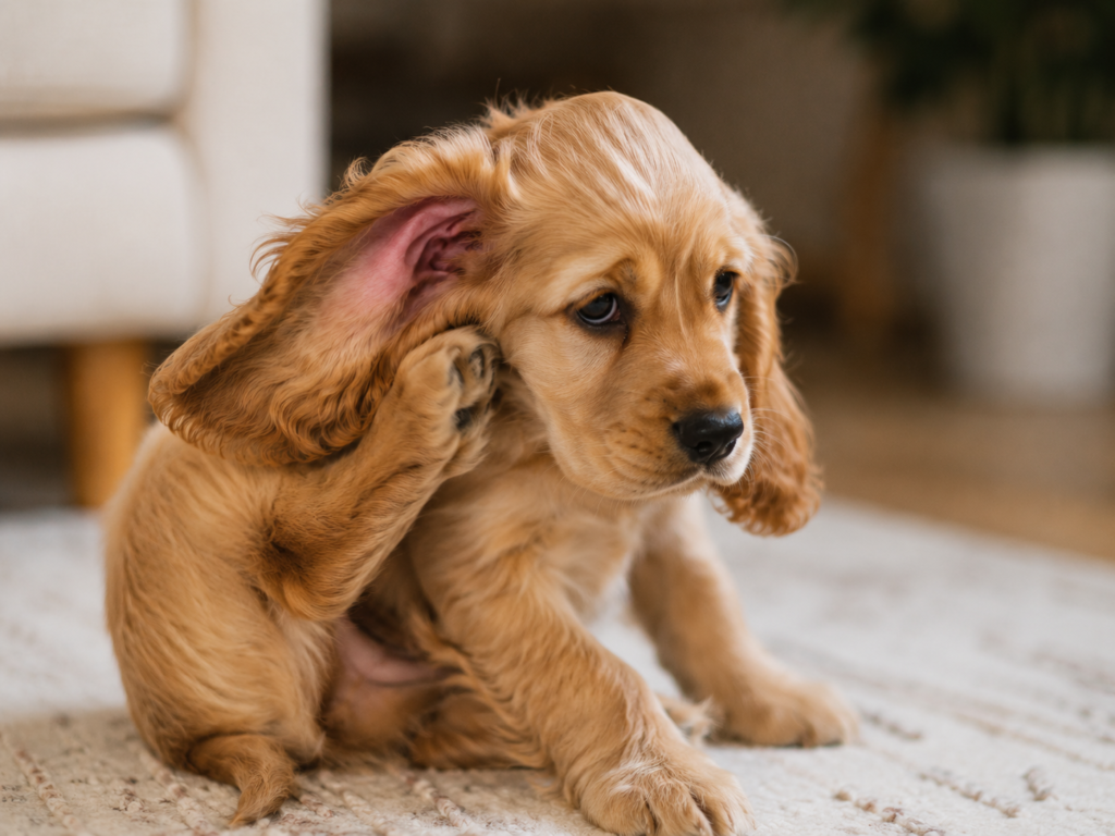 Puppy scratching its ear because of irritation.