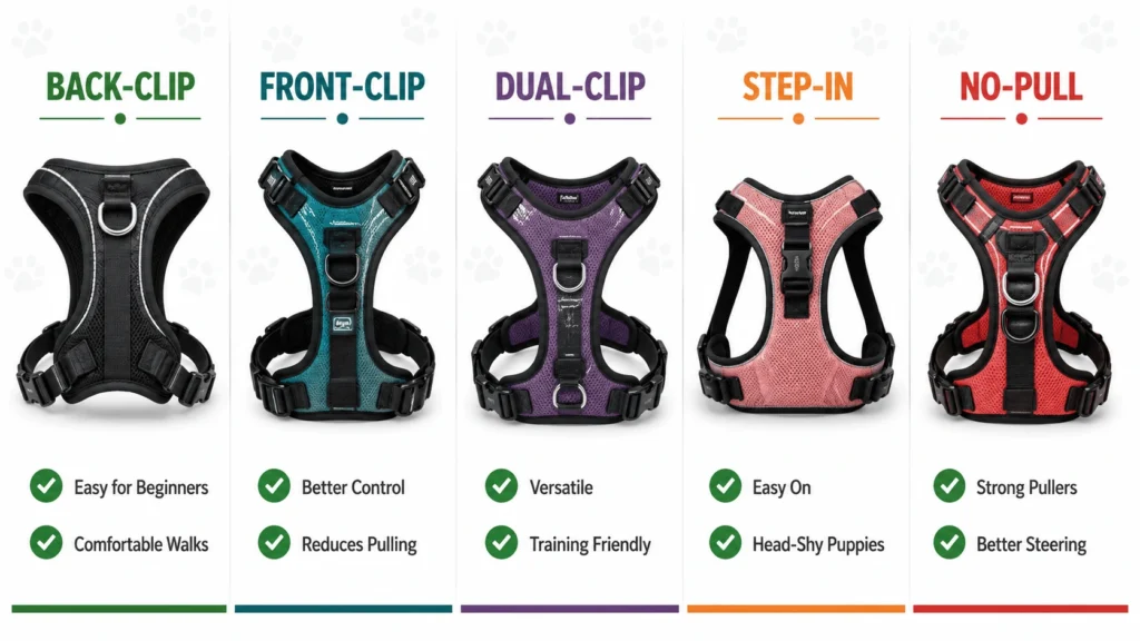 Comparison of back-clip, front-clip, dual-clip, step-in, and no-pull puppy harnesses.