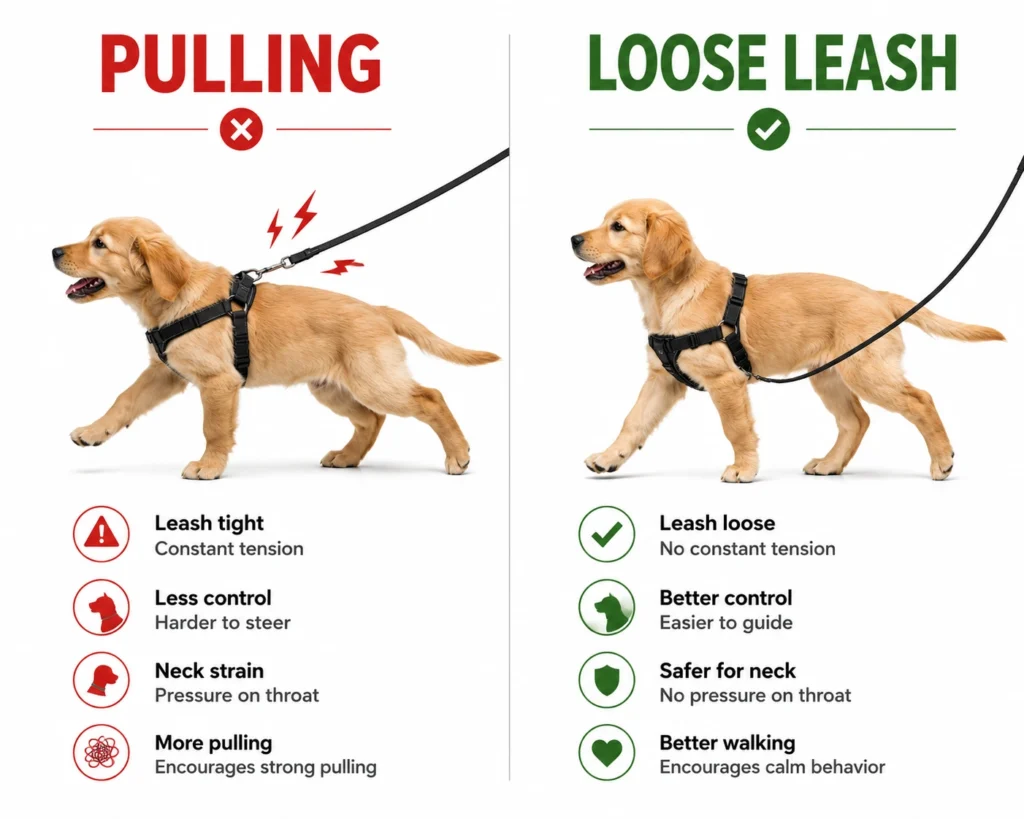 Comparison of a puppy pulling on the leash versus walking calmly with a properly fitted harness.