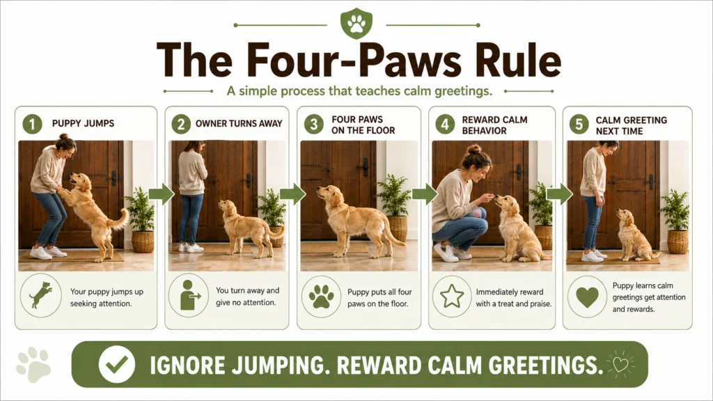 Flowchart showing how ignoring puppy jumping and rewarding calm behavior teaches polite greetings.