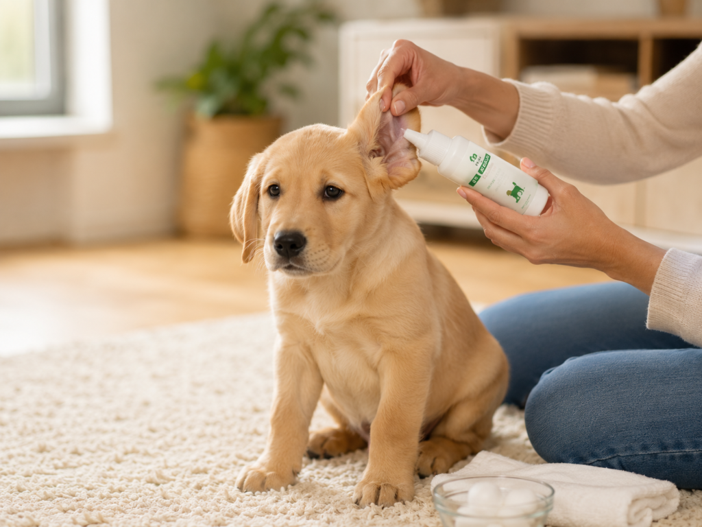 Owner gently cleaning a puppy's ears with a veterinary-approved solution.