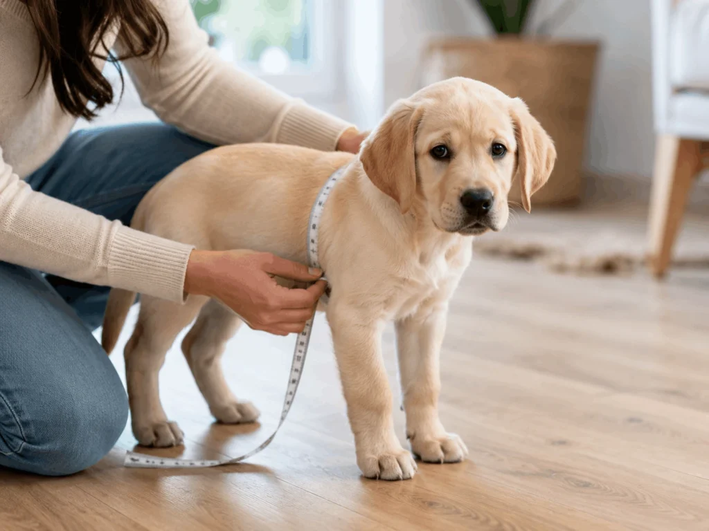 Owner measuring a puppy's chest girth for the correct harness size.