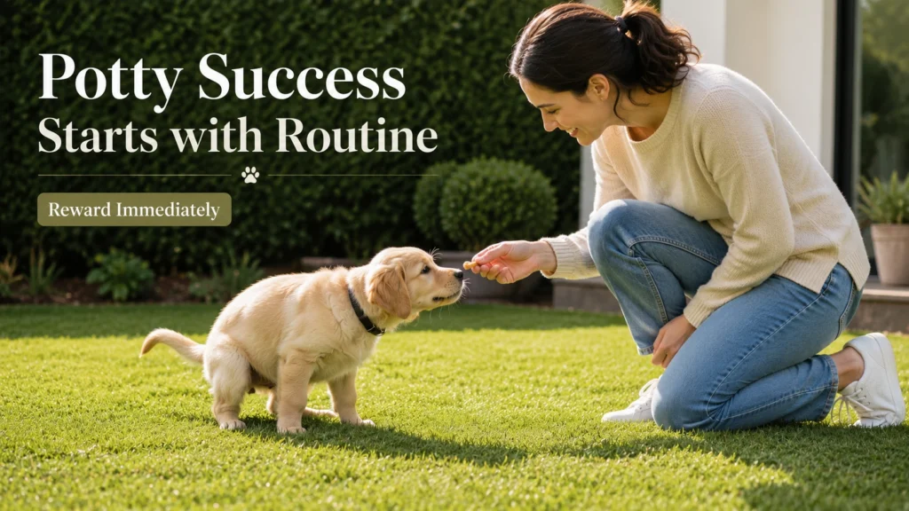 Golden Retriever puppy successfully potty training outdoors using positive reinforcement.