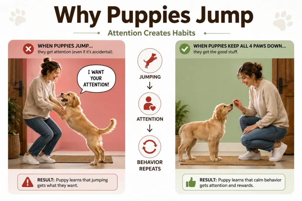 Educational comparison showing how attention reinforces puppy jumping and why rewarding calm greetings is more effective. How to Stop Puppy Jumping