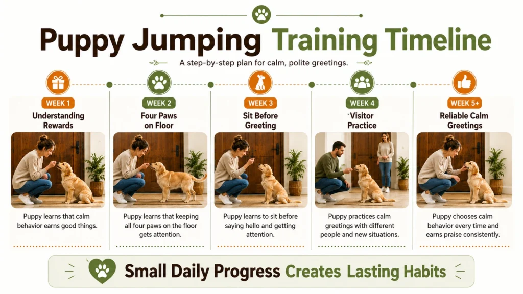 Week-by-week timeline showing a puppy learning calm greeting behavior through positive reinforcement.