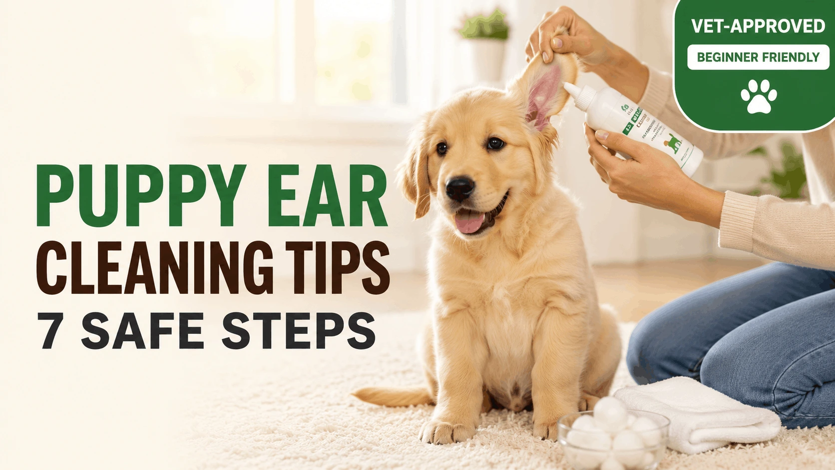 PUPPY EAR CLEANING TIPS: Owner gently cleaning a Golden Retriever puppy's ears using a veterinary-approved ear cleaner.