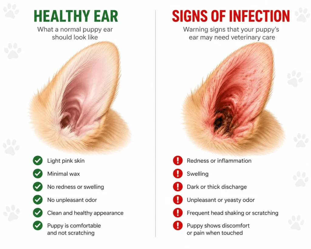 Comparison between a healthy puppy ear and an infected puppy ear.