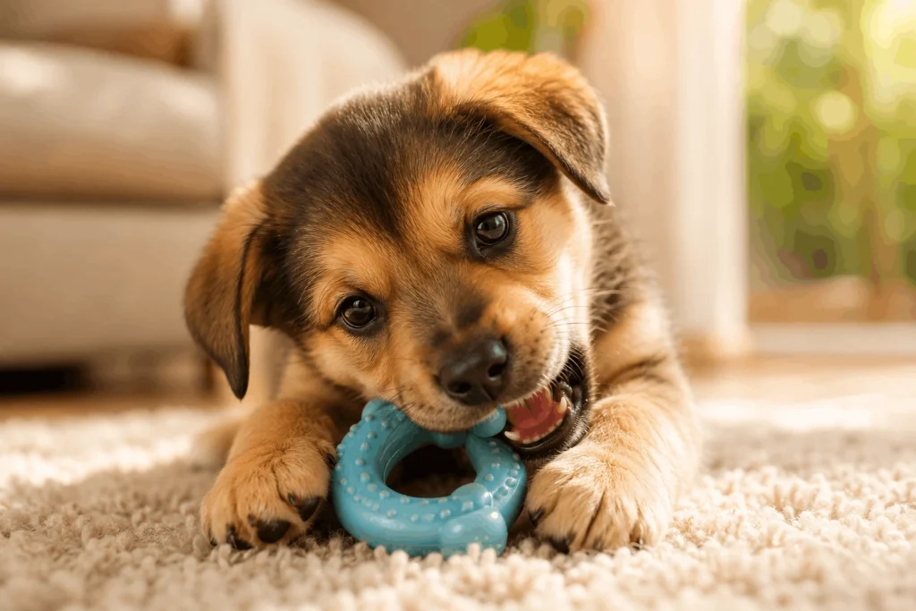 Puppy chewing a teething toy during the teething stage