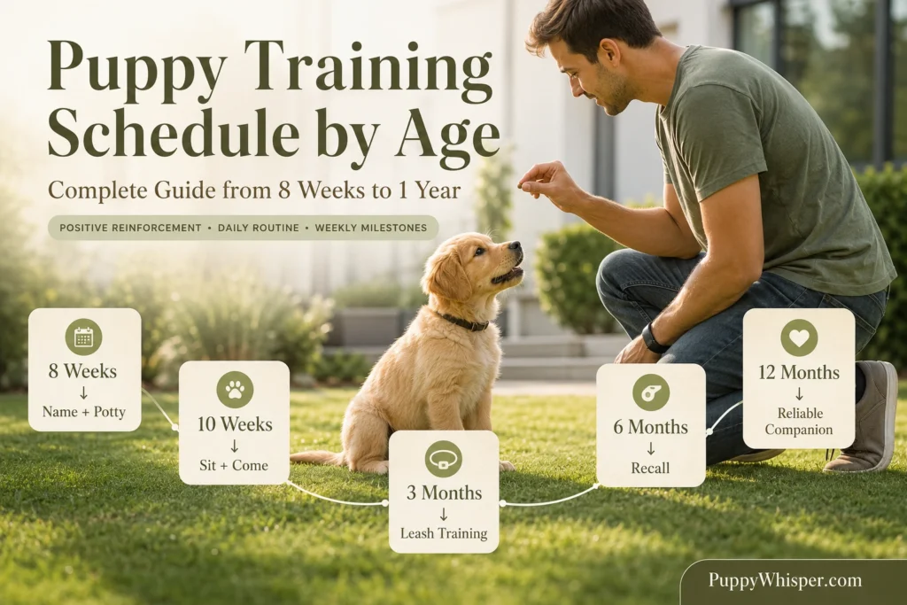 Puppy Training Schedule by Age showing a Golden Retriever puppy learning basic commands from 8 weeks to 1 year.