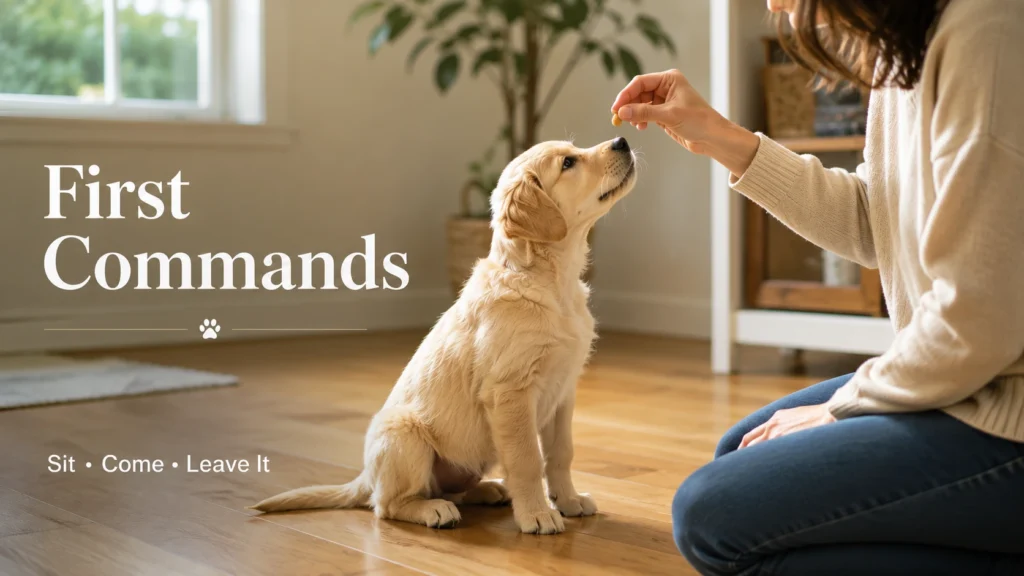 Golden Retriever puppy learning the sit command with positive reinforcement.