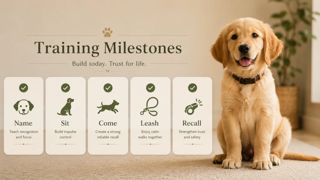 Golden Retriever puppy progressing through early obedience training milestones.