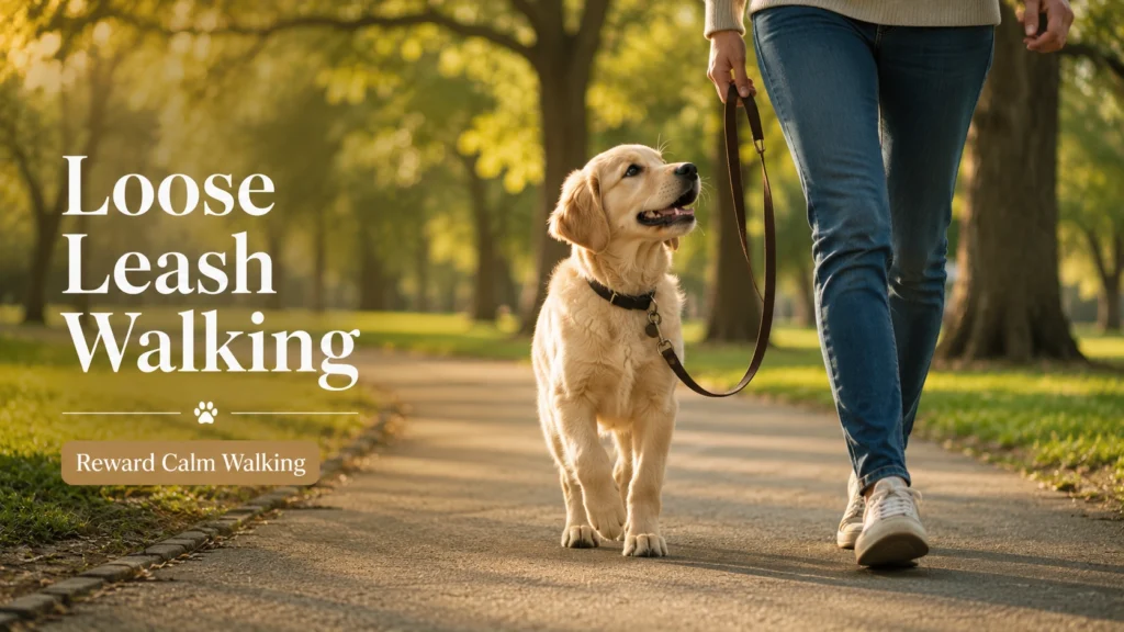 Golden Retriever puppy learning loose leash walking outdoors.
