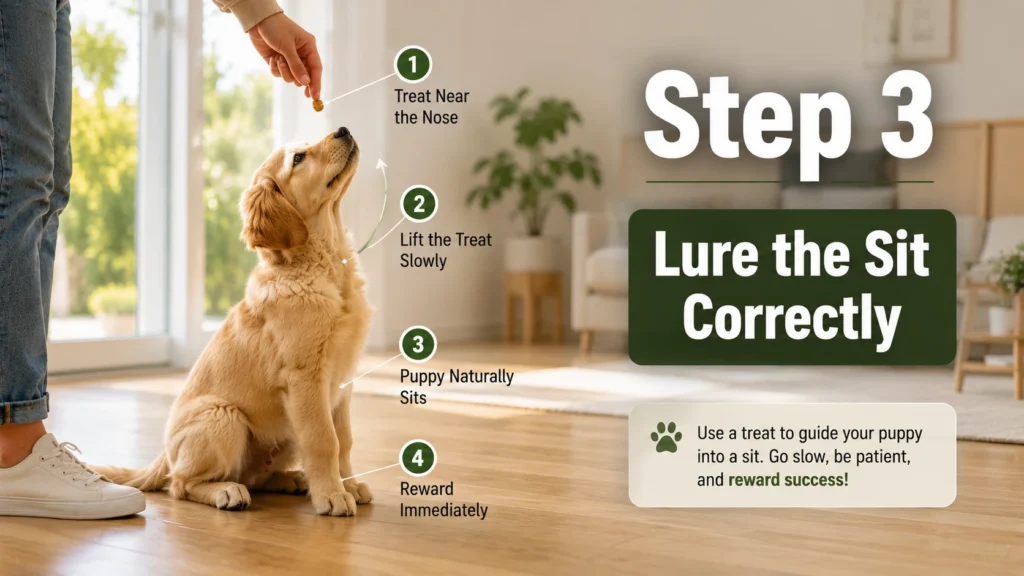 Correct treat lure technique used to teach a puppy the sit command.