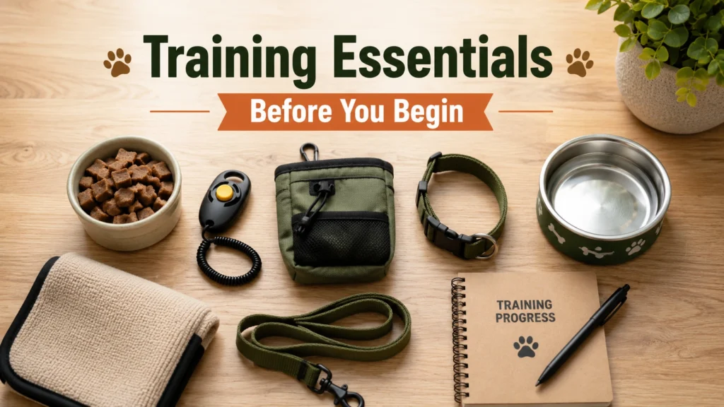 Essential puppy training supplies including treats, clicker, leash, and collar.