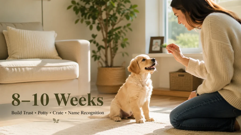 8-week-old Golden Retriever puppy learning name recognition during early puppy training.