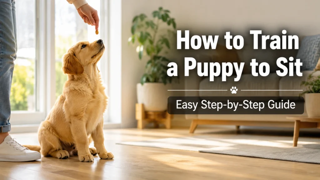 How to Train a Puppy to Sit, Golden Retriever puppy learning to sit using positive reinforcement with treats in a bright modern living room.
