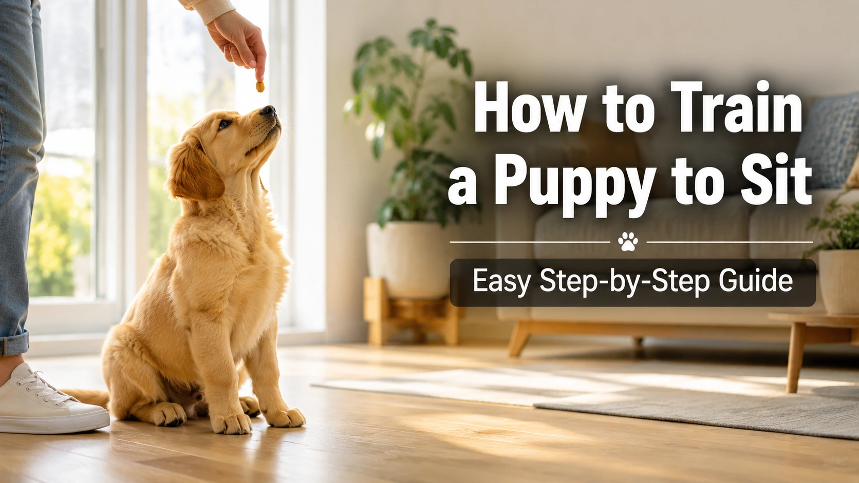 How to Train a Puppy to Sit, Golden Retriever puppy learning to sit using positive reinforcement with treats in a bright modern living room.