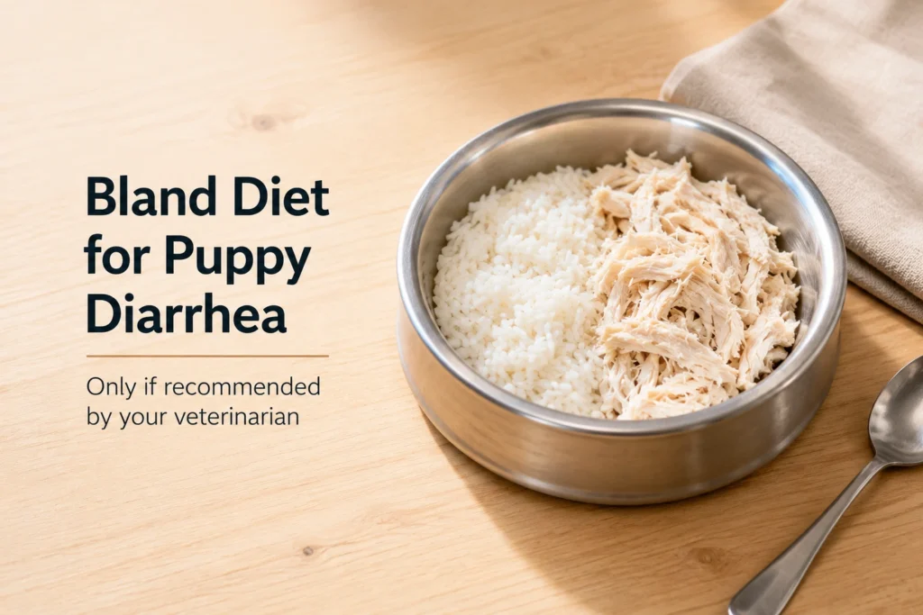 Plain boiled chicken and white rice in a puppy bowl as an example of a veterinarian-recommended bland diet for diarrhea.