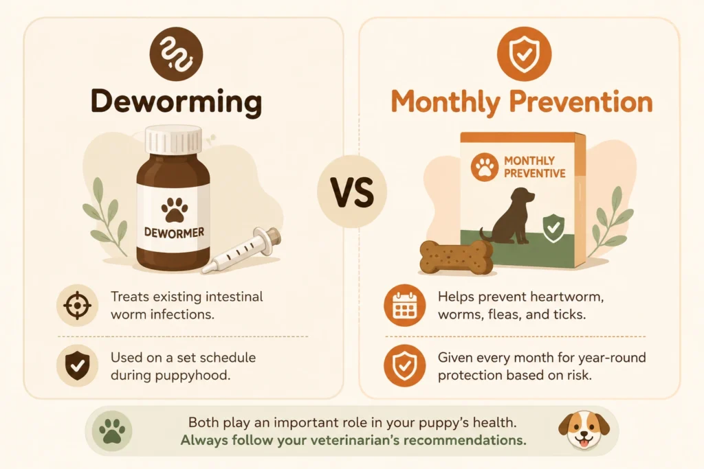Comparison graphic showing the difference between deworming and monthly parasite prevention for puppies