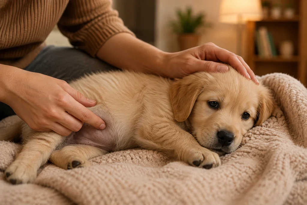 Owner checking a puppy for signs of low energy and possible intestinal worms