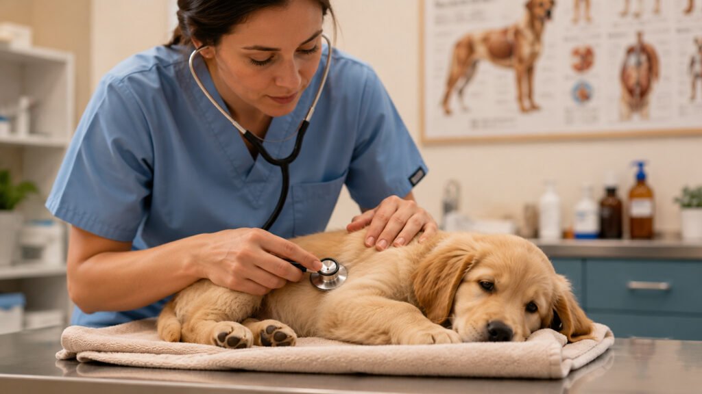 Veterinarian examining a puppy for signs of serious vomiting symptoms