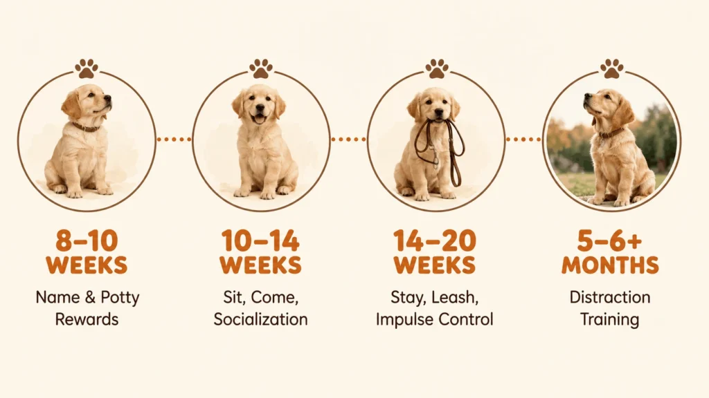 Puppy training age timeline showing what to teach from 8 weeks to 6 months