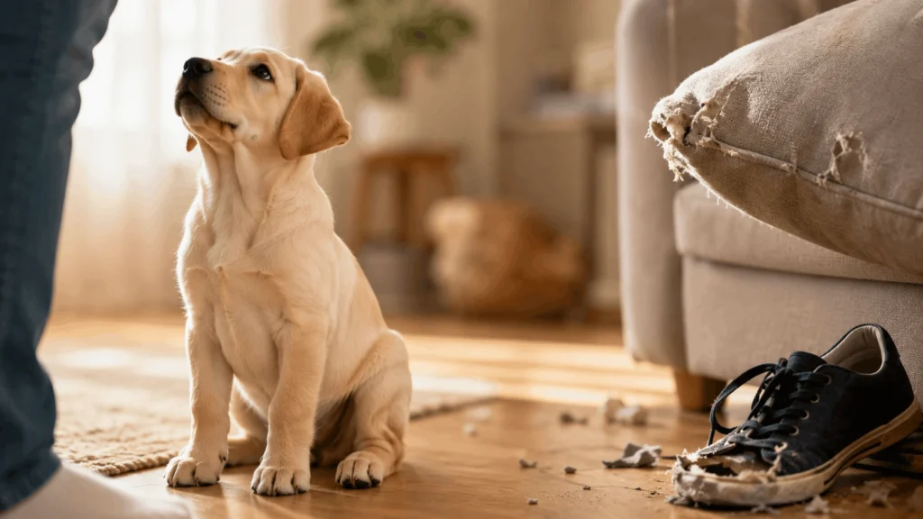 Puppy showing calm, attentive behavior instead of destructive chewing after positive reinforcement training