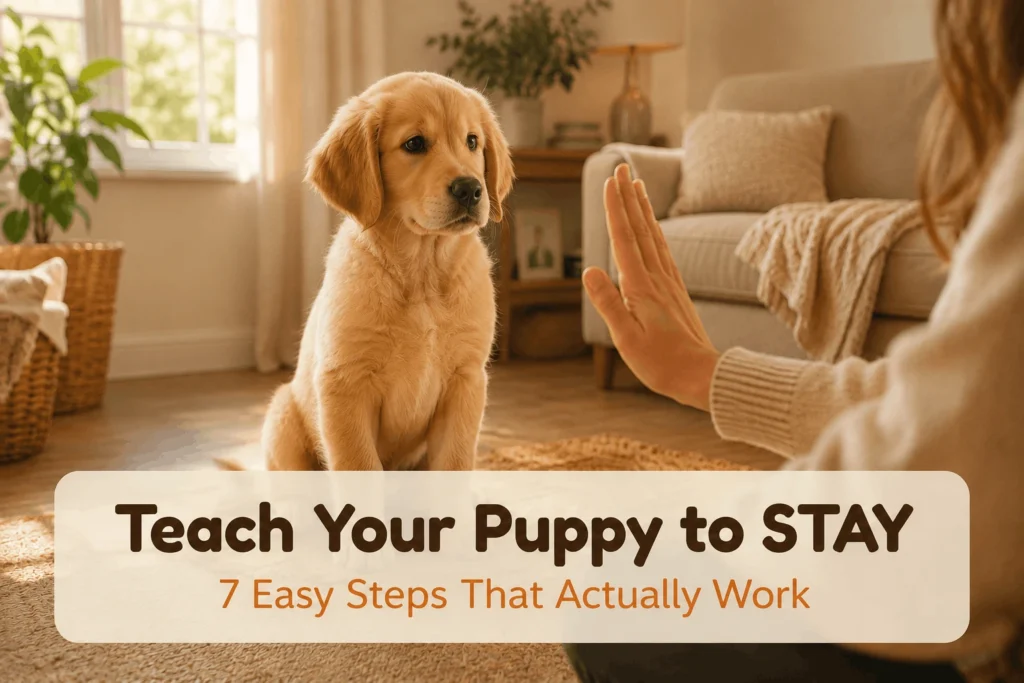 How to Teach a Puppy to Stay: Puppy learning to stay while owner gives hand signal indoors