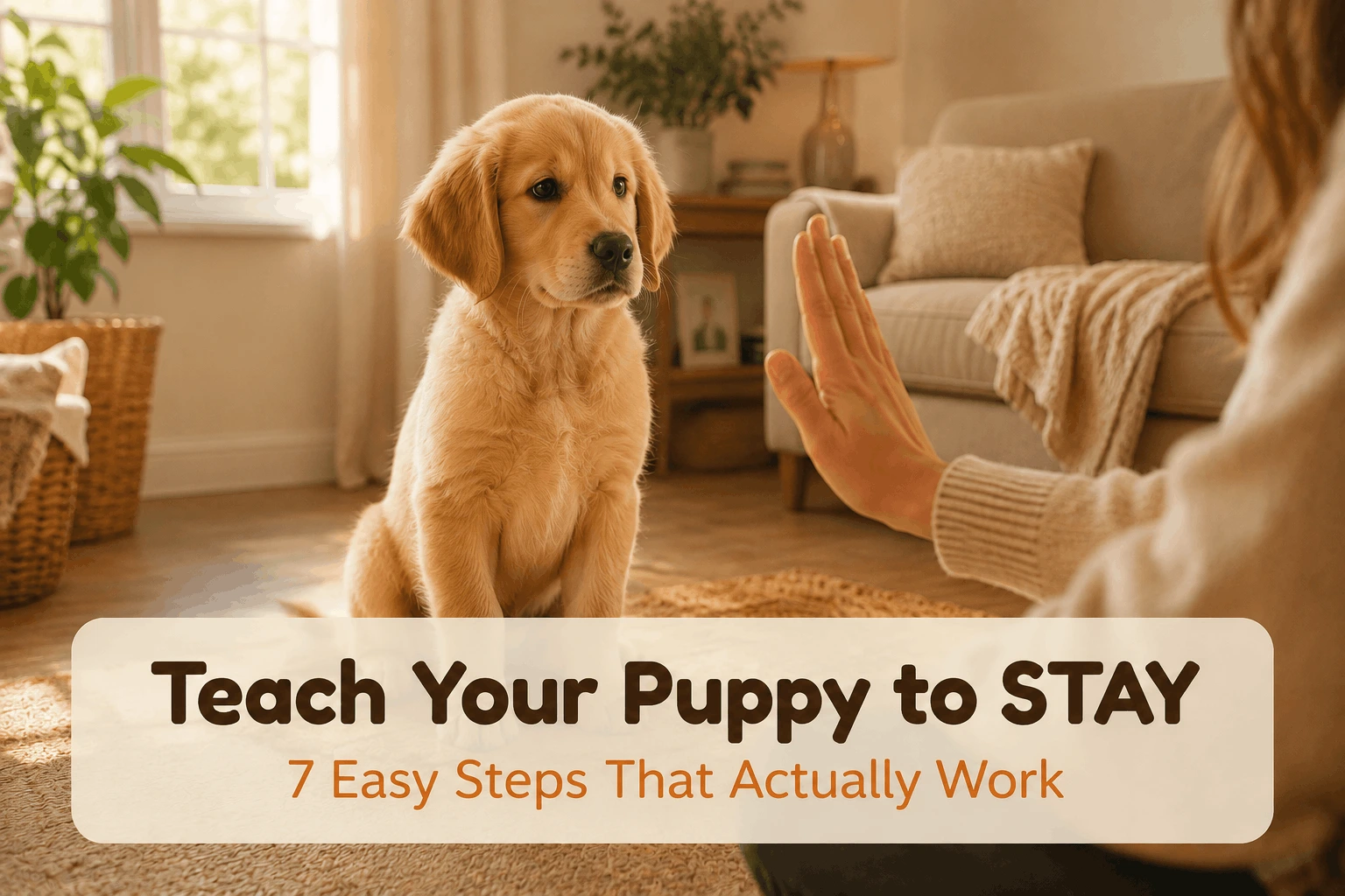 How to Teach a Puppy to Stay: Puppy learning to stay while owner gives hand signal indoors