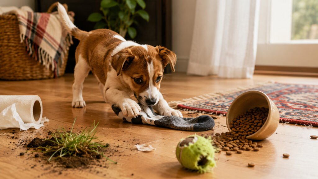 Curious puppy sniffing household objects that commonly cause vomiting